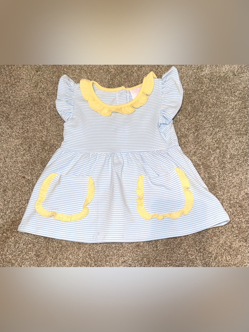 NWOT- Stitchy Fish Girls 3T Blue Stripe Yellow Ruffle Pocket Boutique Dress